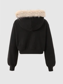 SHEIN 青少年女孩針織黑色抓絨連帽毛領前開襟休閒運動衫 - 黑色 - 查看 4