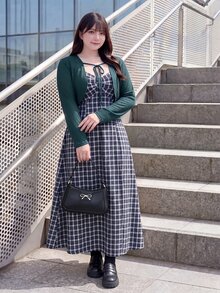 Bijouette Plus Size Korean Style Plaid Cami Dress With Lace-Up Long Sleeve Cardigan 2 Pieces Set Fall - Navy Blue - View 8