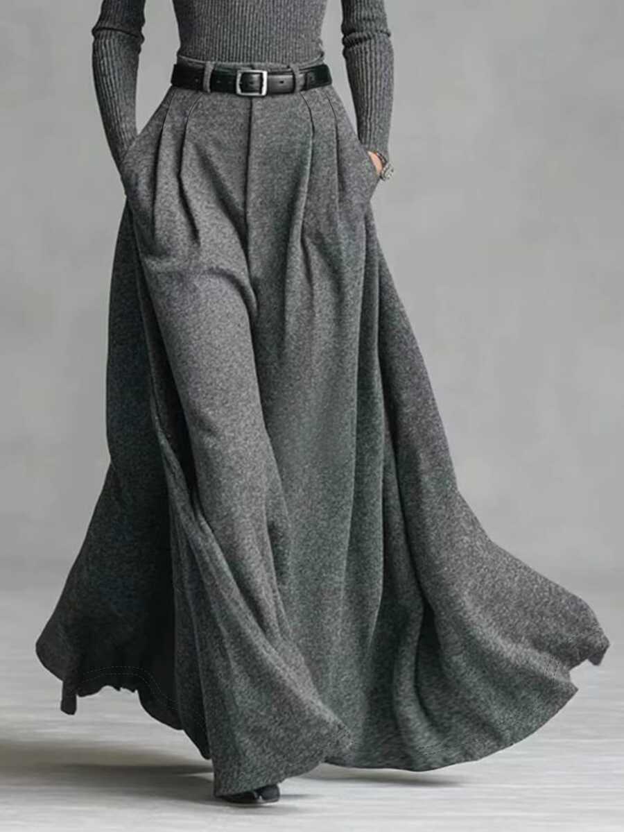 Glimmora Women's Solid Color Pocket Elastic Waist Oversized Hem Skirt, Autumn/Winter - Grey - View 1