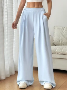 SHEIN EZwear 女款淺藍色高腰百褶寬腿長褲，夏季 - 淺藍色 - 查看 5