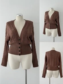 Sunspun Women's Plus Size V-Neck Long Sleeve Button-Up Knit Cardigan Sweater, Autumn/Winter - Khaki - View 2