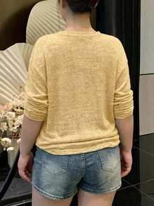 REIGN AVE 花卉針織半開襟寬鬆韓風休閒長袖春秋新款T恤 度假居家晚裝 - 鵝黃色 - 查看 2