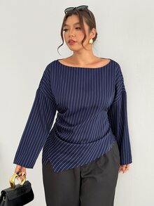 Firerie Kemeja Pullover Lengan Panjang Bergaris Biru & Putih Ukuran Plus dengan Lipatan Pinggang Leher Perahu untuk Musim Gugur/Dingin/Pakaian Kerja - Blue and White - View 5