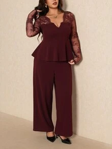 Elaquor Plus Size Elegant Lace Patchwork Top And Loose Long Pants 2 Pieces Set Fall/Winter Elegant 2 Pieces Set For Women Fall/Winter - Burgundy - View 4