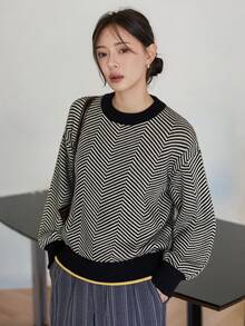 Dazy-Less Women's Colorblock Striped Casual Everyday Long Sleeve Sweater - Black and White - View 3