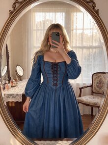 Lyrianda Plus Size Denim Effect Cinched Waist A-Line Dress - Royal Blue - View 5