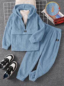 SHEIN Little Byeori 2件組男童冬季休閒返校穿搭套裝，抓絨半拉鍊連帽衛衣與寬鬆慢跑長褲，秋季加厚保暖校園套裝 - 霧霾藍 - 查看 5