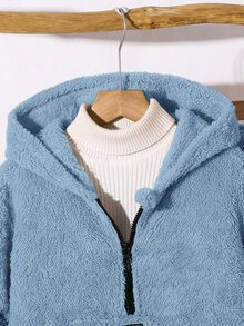 SHEIN Little Byeori 2件組男童冬季休閒返校穿搭套裝，抓絨半拉鍊連帽衛衣與寬鬆慢跑長褲，秋季加厚保暖校園套裝 - 霧霾藍 - 查看 7