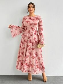 Firerie Vestido elegante con estampado floral y ribete de volantes para tallas grandes - Rosa - Ver 7