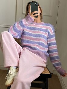 Livesso Women's Light Pink Round Neck Long Sleeve Cable Knit Ribbed Slim Fit Casual Sweater, Fall/ Everyday - Pink - View 5