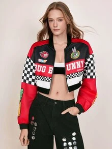LOONEY TUNES X SHEIN Women's Letter Pattern Colorblock Casual Daily Long Sleeve Jacket - Red - View 7