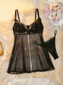 DelicateAllure Plus Size Women's Lace Cami Top And Thong Panty Sexy Lingerie Set - Black - View 2