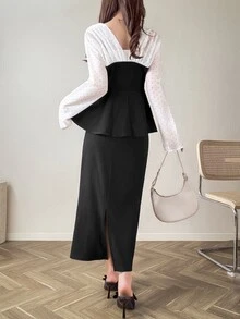 FRIFUL Setelan 2 Potong Atasan Wanita Motif Polkadot French Colorblock dan Rok Panjang Warna Polos - Hitam - View 2