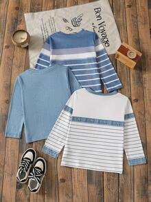SHEIN Genkimix Kids 3件組兒童4-8歲休閒條紋與丹寧拼接長袖T恤套裝 - 藍白色 - 查看 2