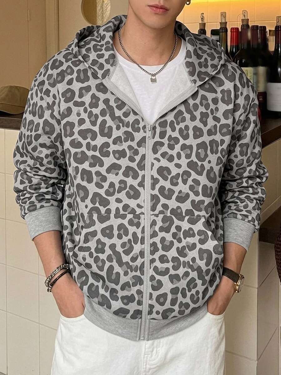 DAZY Autumn/Winter Thermal Lined Men's Leopard Print Zip-Up Long Sleeve Sweatshirt - Grey - View 1