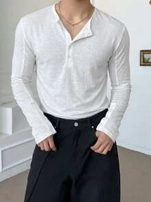 DAZY Spring/Autumn Round Neck Half-Button White Long Sleeve Men's T-Shirt - White - View 4