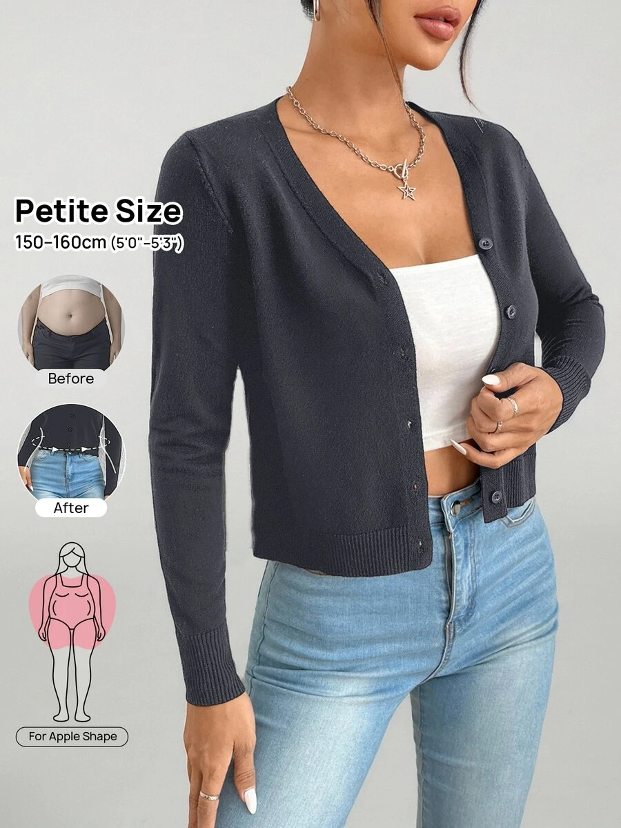 SHEIN PETITE 純色鈕扣開襟針織開襟衫,秋冬針織毛衣 - 深灰色 - 查看 1