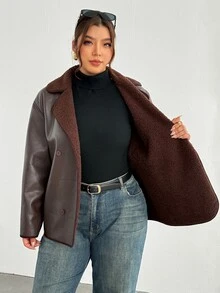 Firerie Plus Size Button Faux Fur & PU Material Patchwork Jacket - Brown - View 3