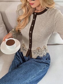 Serisse Women's Elegant Contrast Lace Trim Button Front Slim Fit Ribbed Knit Tee, Vintage Casual Long Sleeve Top, Fall Going Out Outfit - Apricot - View 6