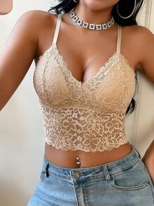 SHEIN 女款花卉蕾絲時尚細肩帶背心內衣 - 杏色 - 查看 4