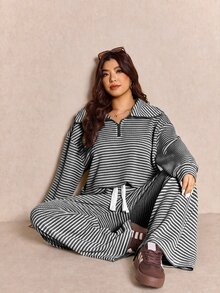 Elaquor 大尺碼女款休閒白色拉鍊夾克褲裝兩件套 條紋套裝 秋季正式度假款 - 黑與白 - 查看 4