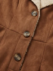 LUMIGAL Women's Autumn/Winter Suede & Faux Fur Patchwork Lapel Button Front Thermal Lined Warm Jumpsuit - Brown - View 6