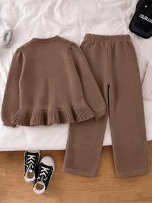 Girls' Autumn Knit Set, Heart Hollow Bow Cardigan + Draped Straight Leg Pants, Soft Coffee Color 2 Pieces Set - Coffee Brown - View 2