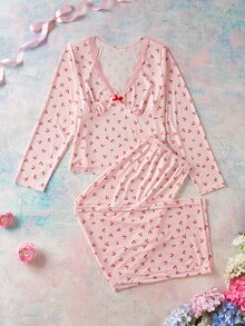 Elorette Plus Size Women's Cherry Print Bow Decor Long Sleeve Top And Pants Pajama Set - White - View 5