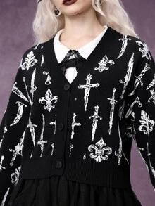 ROMWE Dark Gothic Punk Pattern Short Knit Cardigan For Women - Black - View 2