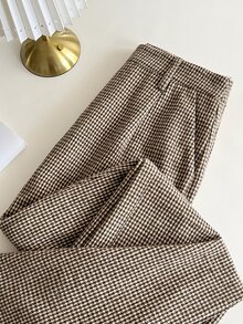 SHEIN EZwear Women's Autumn/Winter Retro Houndstooth Fabric Casual Wide Leg Pants With Frill Trim, Suitable For Commuting, Daily Wear, Shopping, Dating - Coffee Brown - View 3