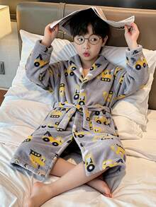 SHEIN Little Byeori 兒童青少年男孩休閒日常百搭舒適可愛卡通挖掘機圖案法蘭絨面料寬鬆中長款長褲居家服 秋冬 - 黃色 - 查看 4