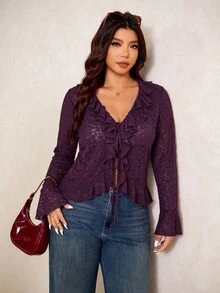 Elaquor Plus Size Women's Fashion Top With Ruffle Collar, Front Tie And Bell Sleeves - Purple - View 7
