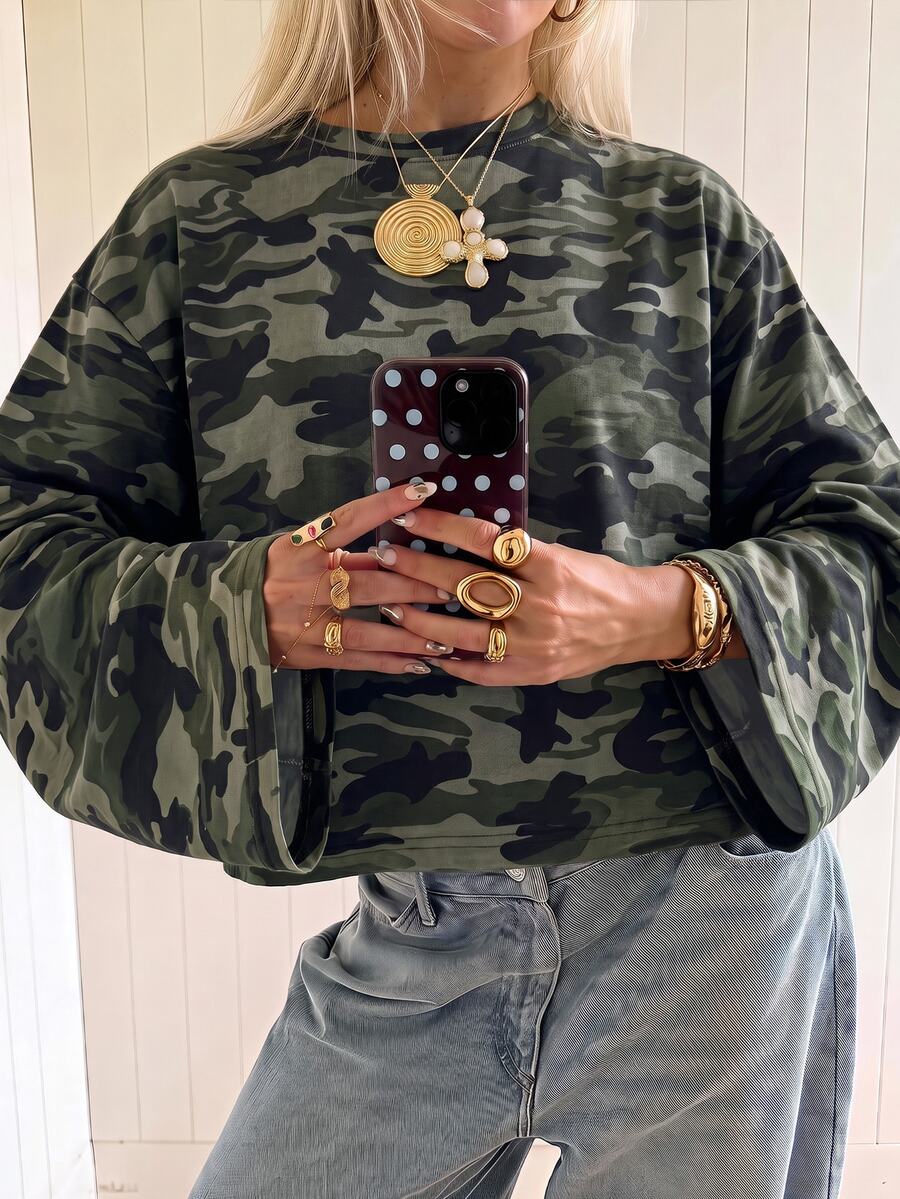 SHEIN EZwear 海外長袖復古迷彩T恤,秋季上衣,適合日常通勤、聚會、秋冬春夏、聖誕節、新年、感恩節、派對、婚禮、海灘、畢業典禮、優雅、外出、約會、通勤、情人節、優雅、度假、Y2K、畢業典禮等場合 - 彩色 - 查看 1