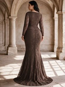 Coutiva Plus Size Women's Long Sleeve Rhinestone Decorated Lace High-End Evening Gown Luxury Dress - Coffee Brown - View 2