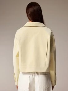 Athîral Women's Relaxed Cream Yellow PU Jacket,Textured Finish,Zip Front,Pockets,Solid,Fall,Quiet Luxury Minimalist,Minimal Streetwear,Daily Outings Everyday - Light Yellow - View 4