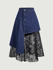 SHEIN Women's Waist Button Design Contrast Lace Denim Skirt - Blue - View 1