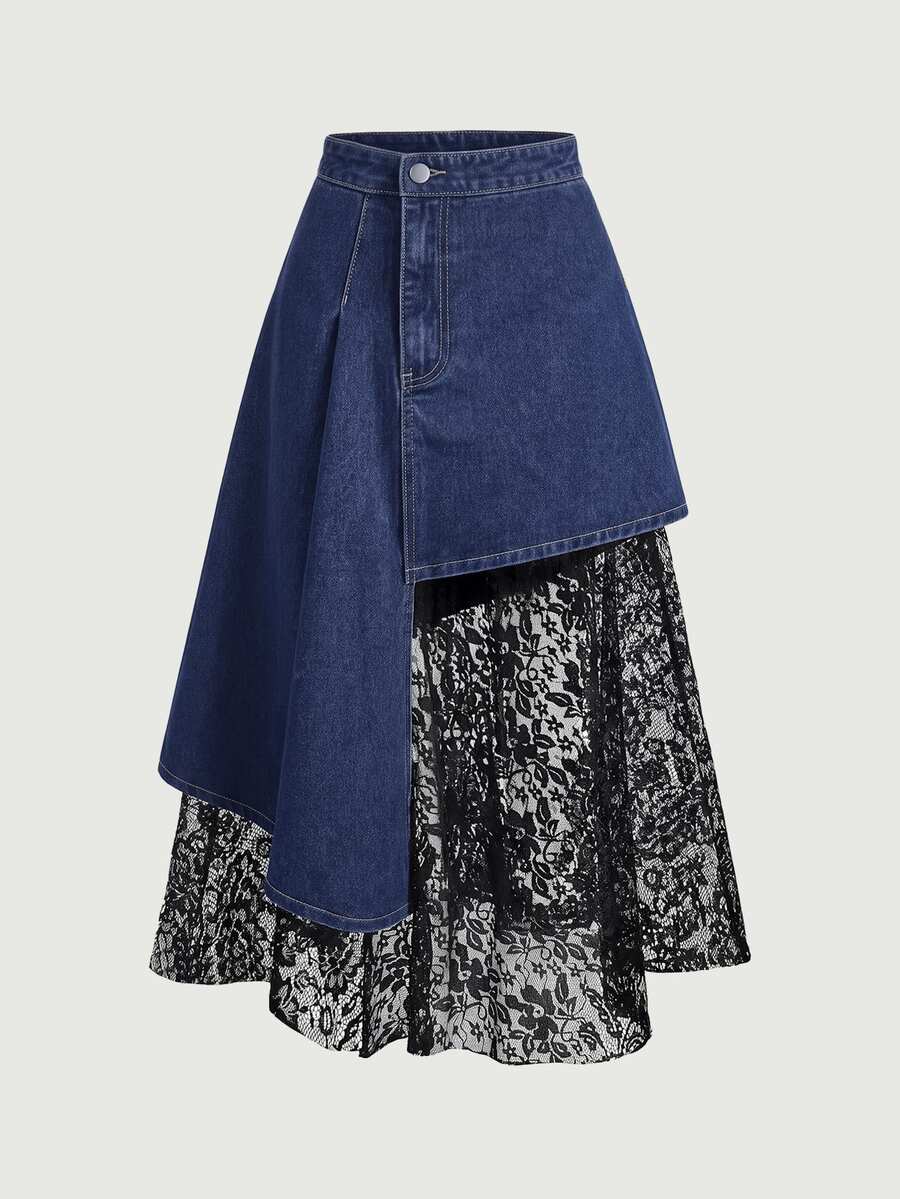 SHEIN Women's Waist Button Design Contrast Lace Denim Skirt - Blue - View 1