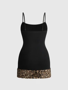 ROMWE Millennium Y2K Leopard Print Faux Fur Collar Cropped Knit Cardigan & Slim Fit Waist-Cinching Dress Plus Size 2 Pieces Set For Party And Birthday - Black - View 16