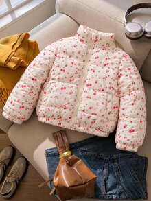 秋冬少女時尚甜美可愛櫻桃碎花絎縫立領軟綿夾克棉服外套 西式戶外棉衣 - 彩色 - 查看 4