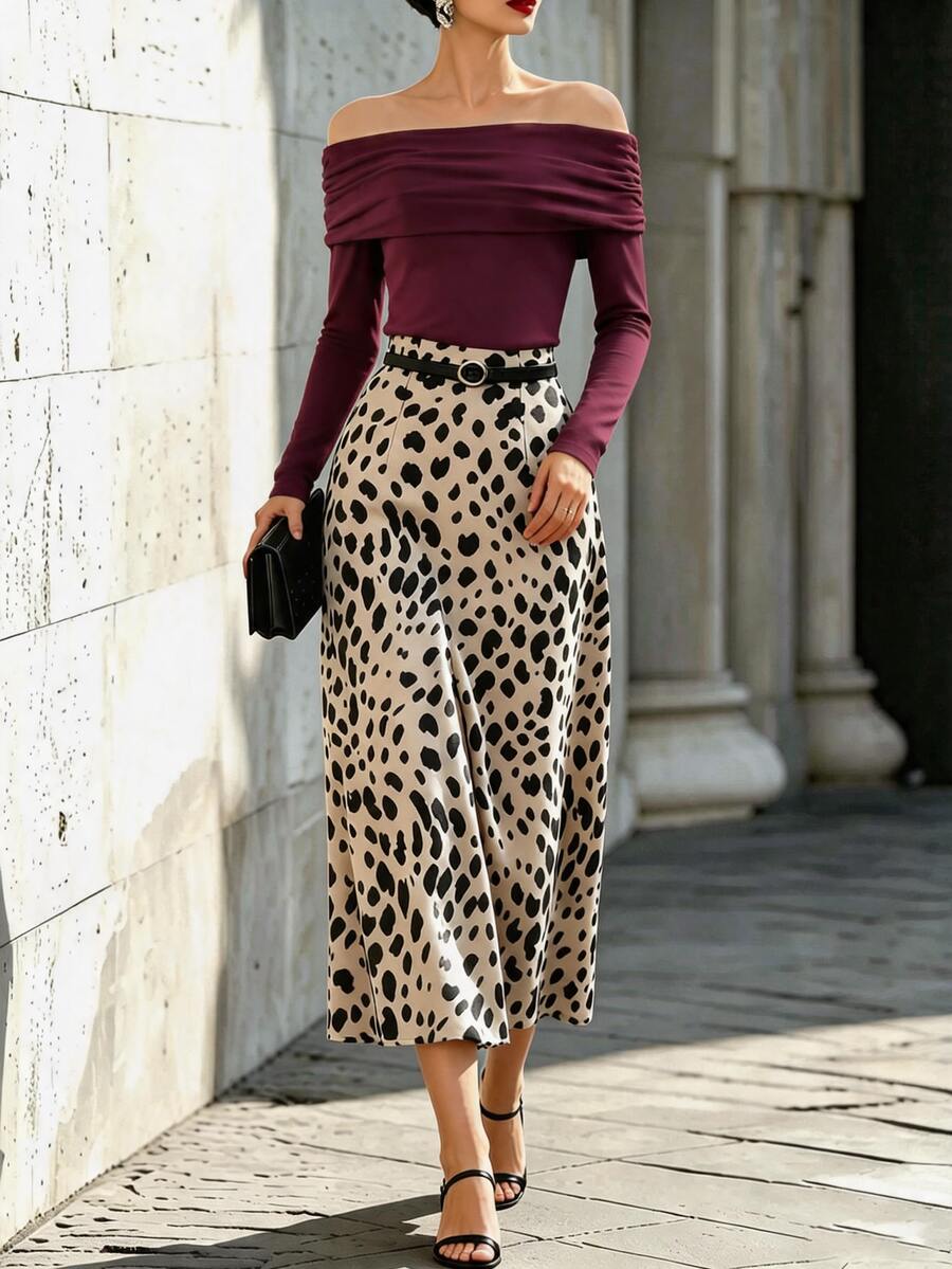 SHEIN New Vintage Elegant Date Burgundy Off-Shoulder Ruched Slim Fit Top & Leopard Print Skirt 2 Pieces Set