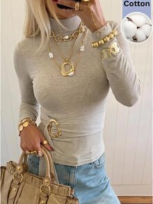 SHEIN EZwear Women's Solid Color Metal Decor Casual Daily Long Sleeve T-Shirt - Apricot - View 7