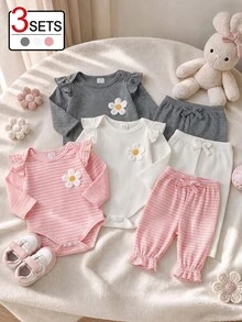 SHEIN Playful Pals 3套女嬰連身衣+長褲，可愛粉色白色雛菊條紋荷葉邊蝴蝶結飛袖圓領常規款，生日秋季假期公主優雅風 - 彩色 - 查看 6