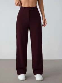 SHEIN PETITE Women's Solid Color Casual Versatile Daily Wear Long Pants - Red Violet - View 6