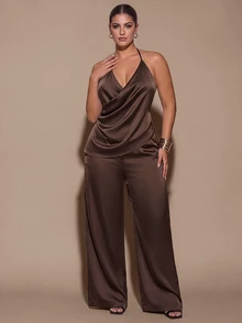 SHEIN BAE CURVE بنطال طويل من الساتان بياقة كول للنساء مقاس كبير باللون البني - بني - مشاهدة 5