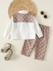 SHEIN 2件裝男嬰休閒復古字母印花翻領鈕扣襯衫＋披肩＋鬆緊腰長褲3件套，百搭舒適，適合秋冬 - 彩色 - 查看 2