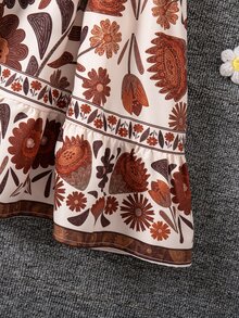 SHEIN Vintaside Kids 女童棕色短版夾克套裝復古碎花印花吊帶裙冬季洋裝復古休閒2件套感恩節7歲生日棕色裙秋季 - 棕色 - 查看 6