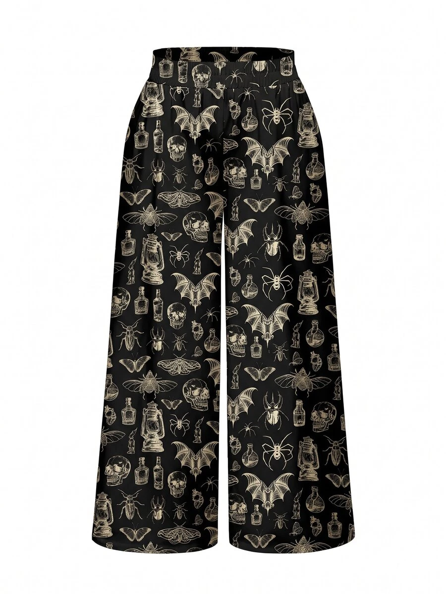 ROMWE Dark Forest Gothic Horror Mysterious Crow Bat Skull Cross Loose Plus Size Pants - Black - View 1