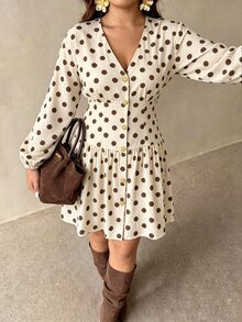 Auralis Nueva falda mini de talla grande color marrón con cuello en V, cintura ceñida y línea A, con decoración de botones metálicos, que combina el estilo vintage de los años 20 y el Charm elegante de los años 50, adecuada para el Día del Maestro, trabajo de oficina y ocasiones formales de otoño - Multicolor - Ver 7