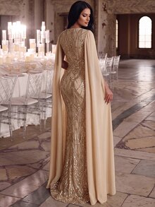 Elovaire Sequin Embellished Long Evening Gown, Elegant Formal Romantic Mermaid Silhouette Fall Wedding Prom Graduation Party Christmas Beige - Champagne - View 2