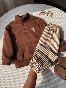 SHEIN 2件組兒童小男孩小女孩秋冬立領長袖條紋運動衫長褲套裝 男童套裝 - 彩色 - 查看 1